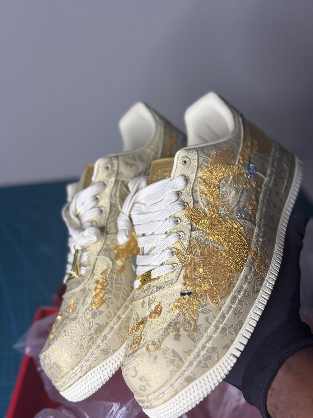 Nike Air Force 1 LowGold Dragon Sneakers Embroidery On Beige